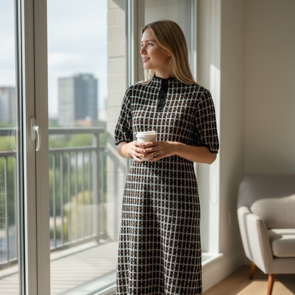 Nicole Miller - Elegant Black and White Checkered Midi Dress - Office - Size M